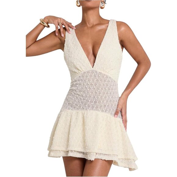 Women's Summer Crochet Mini Dress Deep V Sleeveless Ruffle Vacation Party - Picture 4 of 5
